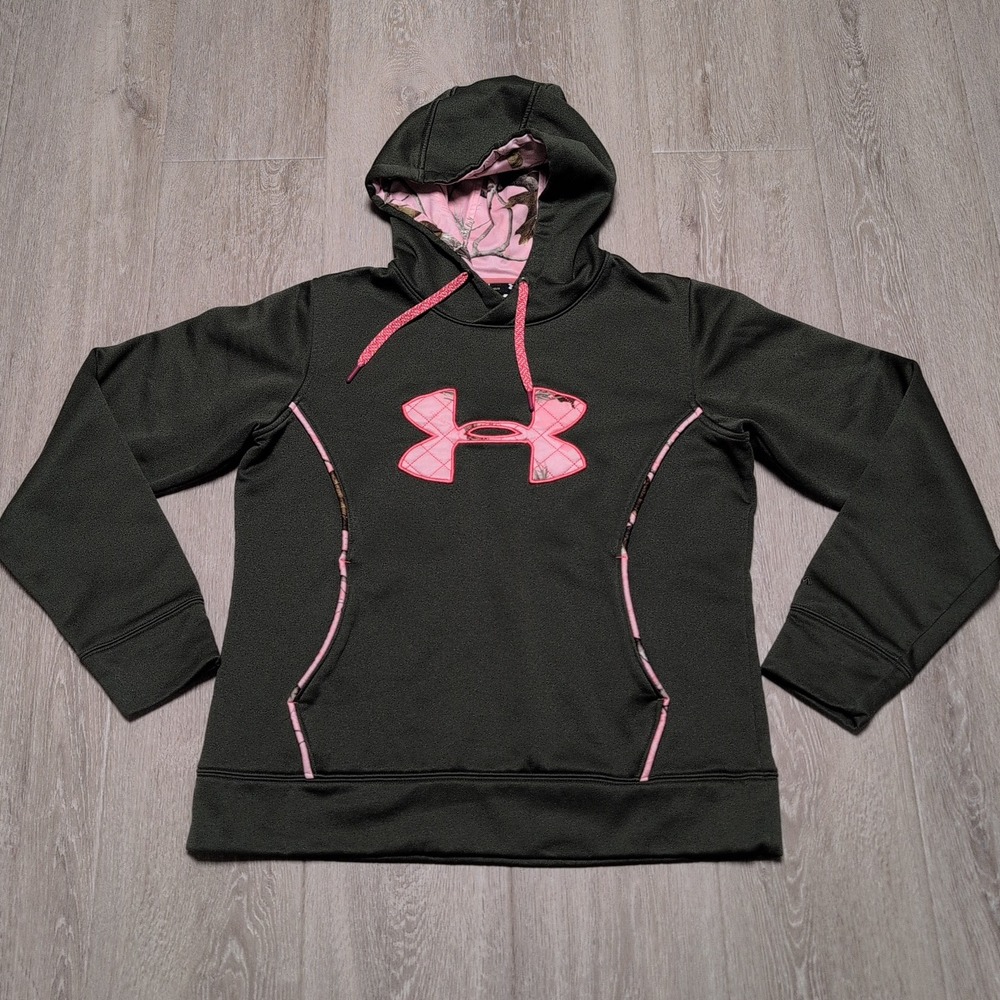Under Armour Storm Green Pink Camo Hoodie Womens M Stitched Logo Fleece Lined